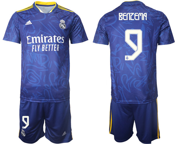 Men's Real Madrid #9 Karim Benzema 2021/22 Blue Away Soccer Jersey Suit